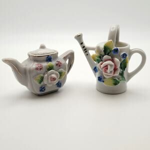 Vintage Mini Teapot & Watering Can Figurines Floral Ceramic Cottagecore Decor